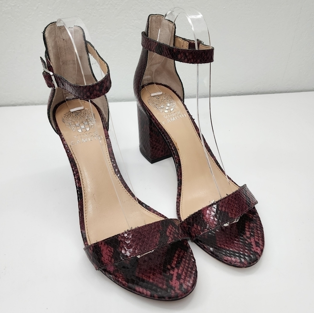 Vince Camuto Beah Block Heel Snake Print Leather Ankle Strap Sandal Size 7